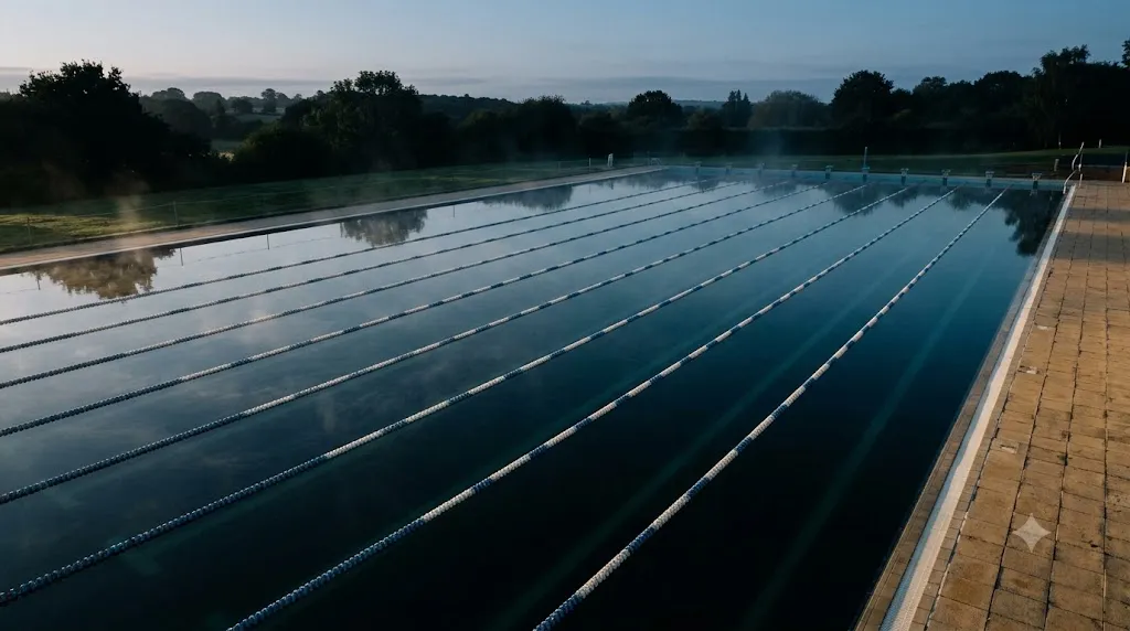 Calles vacías de una piscina al amanecer, vistas desde arriba, con las corcheras trazando líneas paralelas sobre el agua en calma